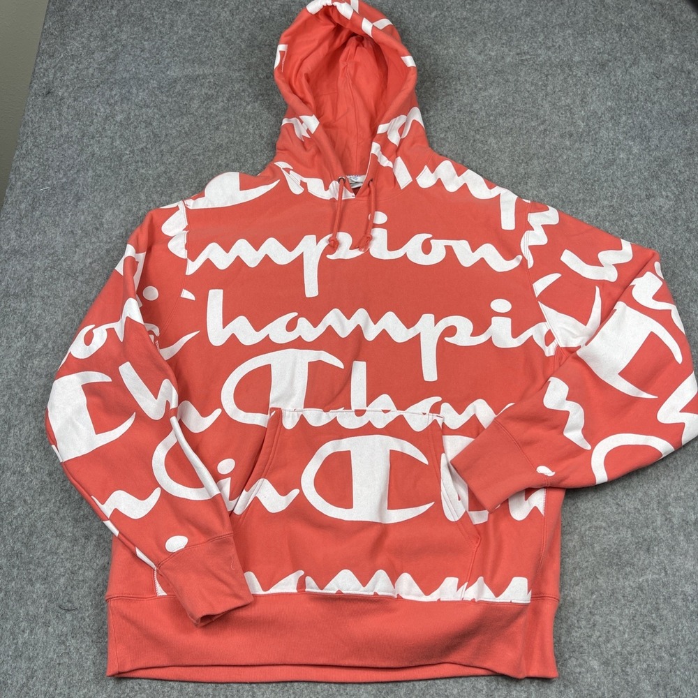 Champion Reverse Weave Salmon White All Over Print Logo Hoodie Size 2XL